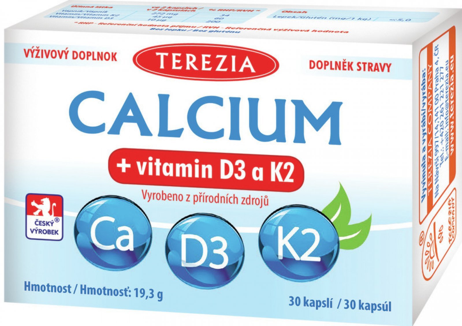 Terezia Calcium+vitamin D3 a K2 30 kapslí