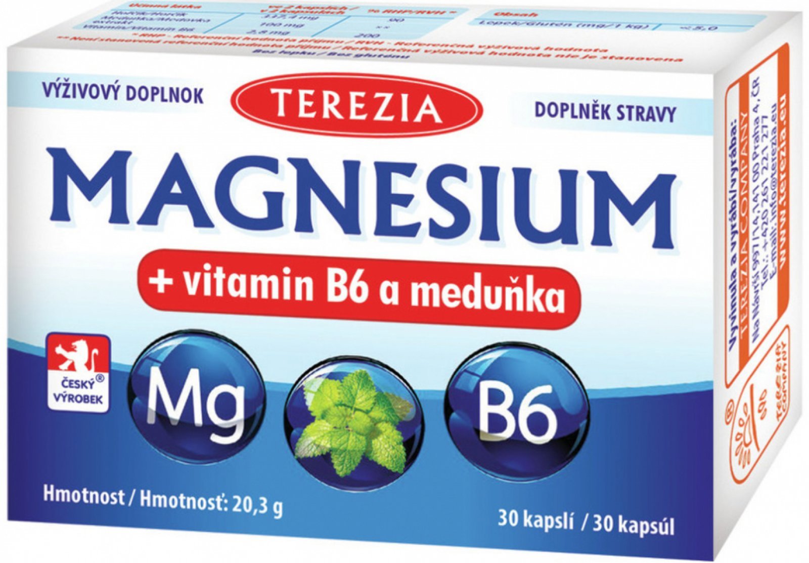 Terezia Magnesium + vitamin B6 a meduňka 30 kapslí